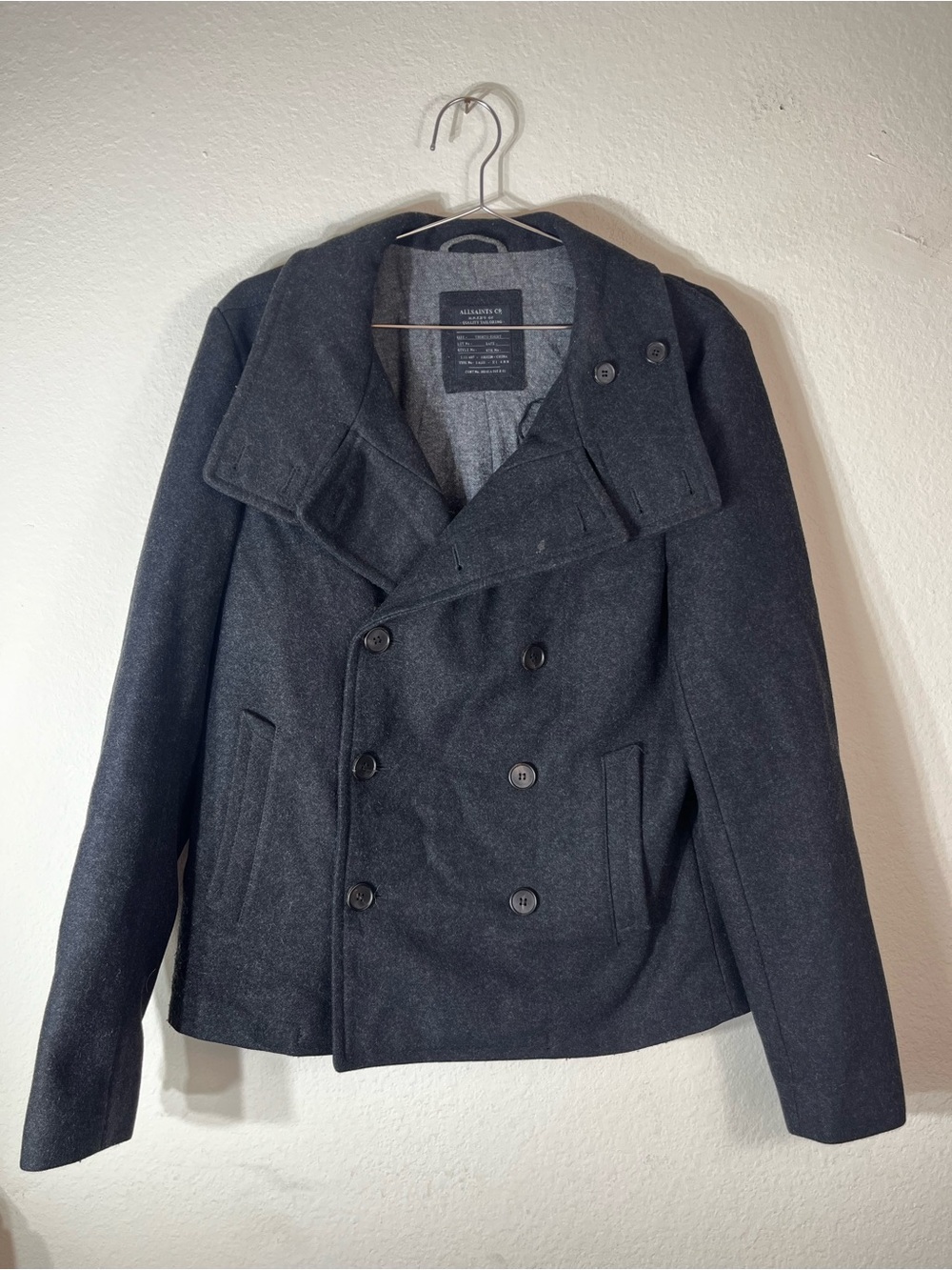 Allsaints Spitalfields Peacoat Men's 38 Gray Wool Double-Breasted Long Sleeve